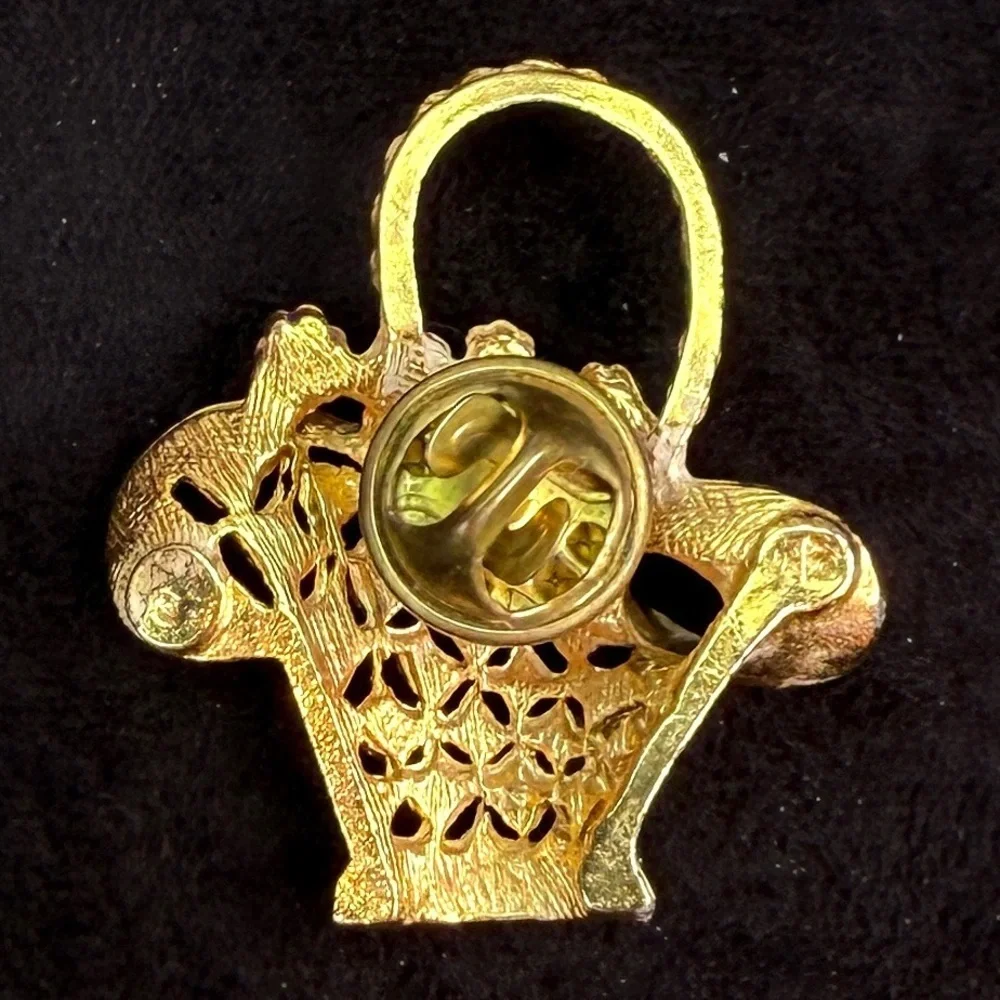 Vintage Gold Tone Flower Basket Brooch Pin Colorful Enamel Accents
